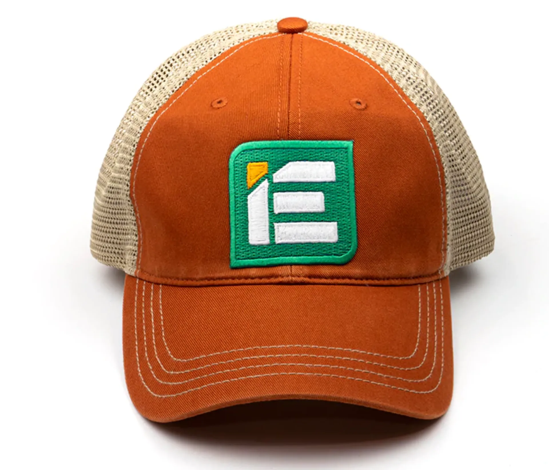 Picture of IE Twill Snapback Trucker Hat | Orange & Kahaki