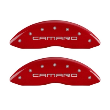 Picture of MGP 4 Caliper Covers Engraved Front Gen 4-Camaro Engraved Rear Gen 4-SS Red finish silver ch