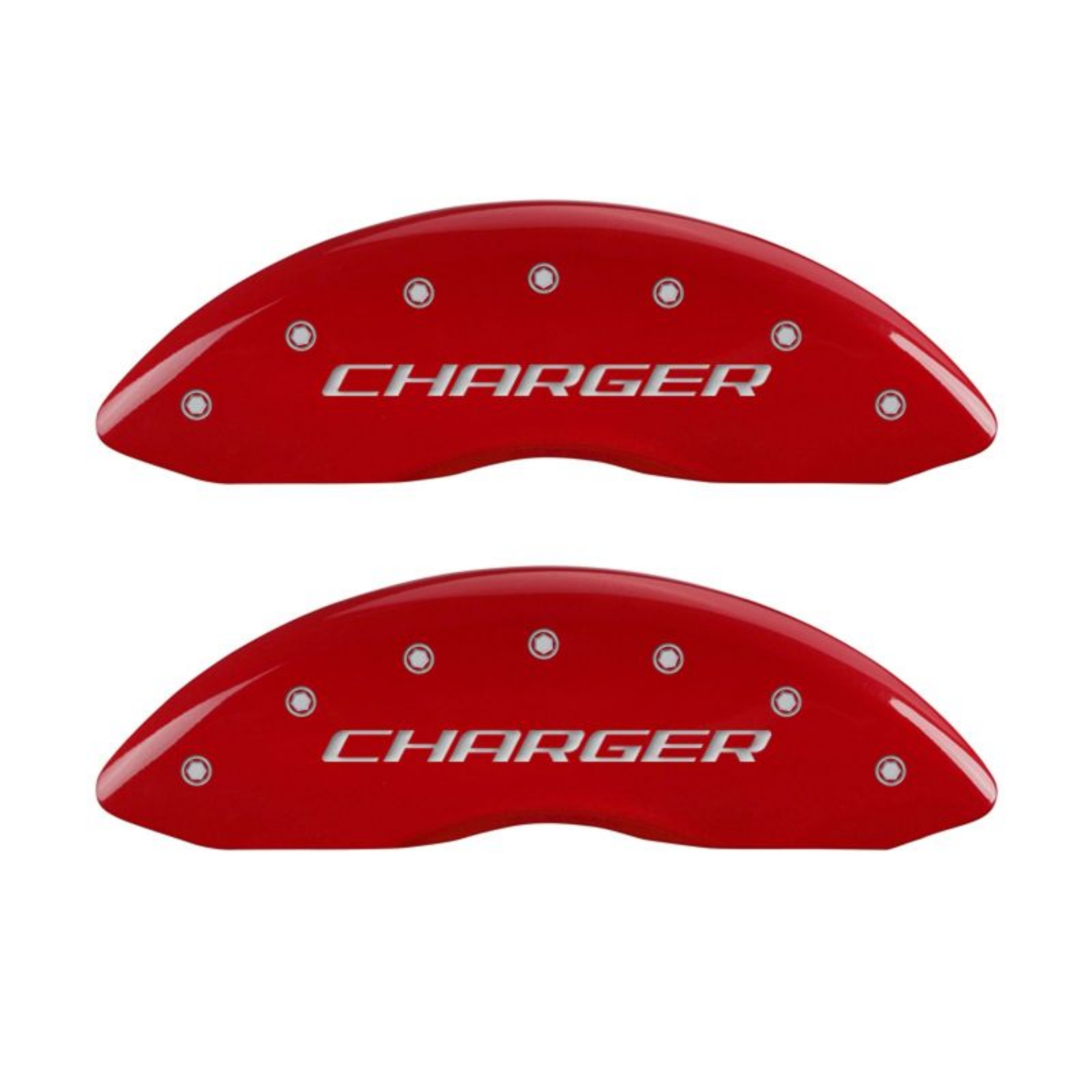 Picture of MGP 4 Caliper Covers Engraved Front & Rear Block-Charger Red finish silver ch