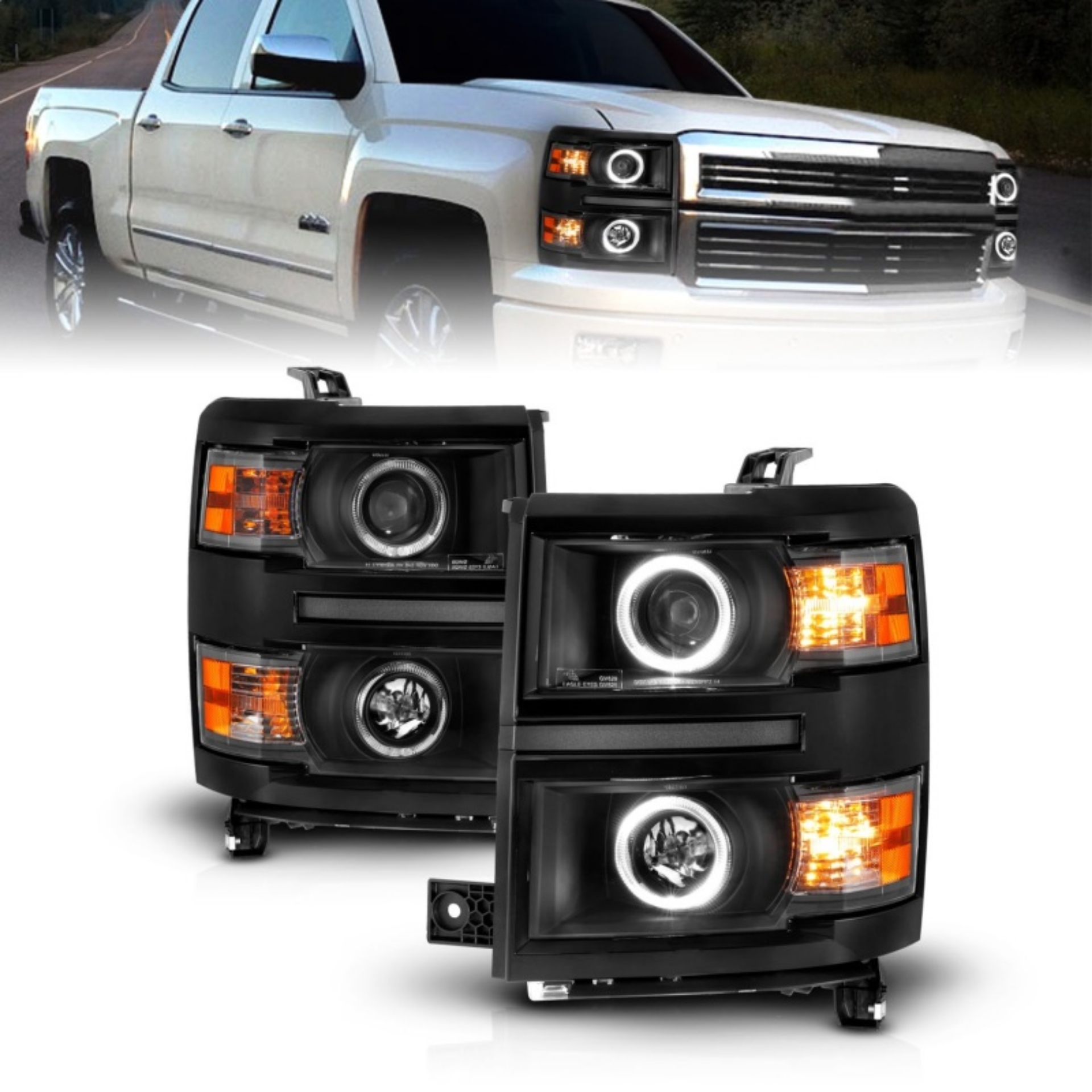 Picture of ANZO 14-15 Chevrolet Silverado 1500 Projector Headlights w Halo Black Housing w Black Trim