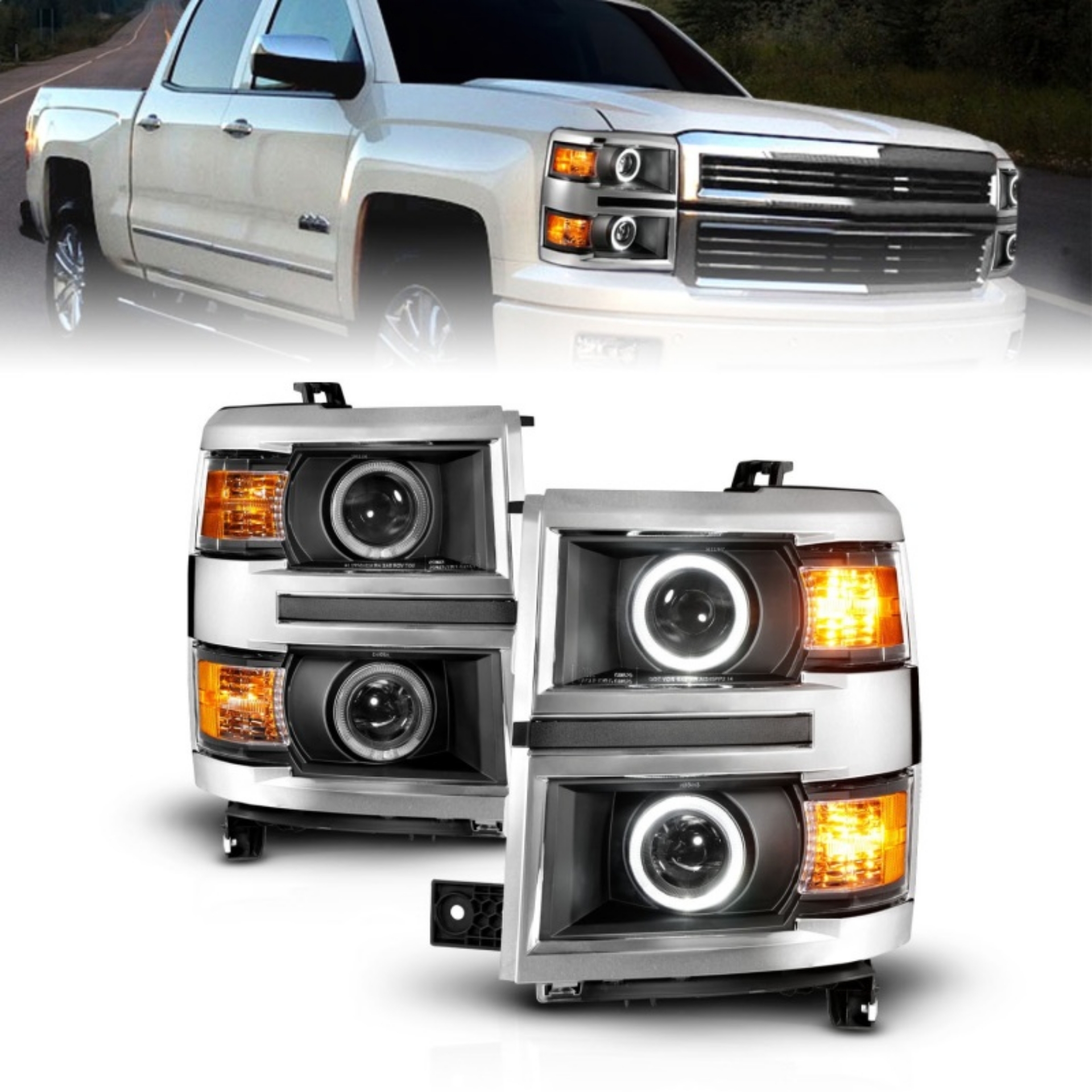 Picture of ANZO 14-15 Chevrolet Silverado 1500 Projector Headlights w- Halo Black Housing w- Chrome Trim