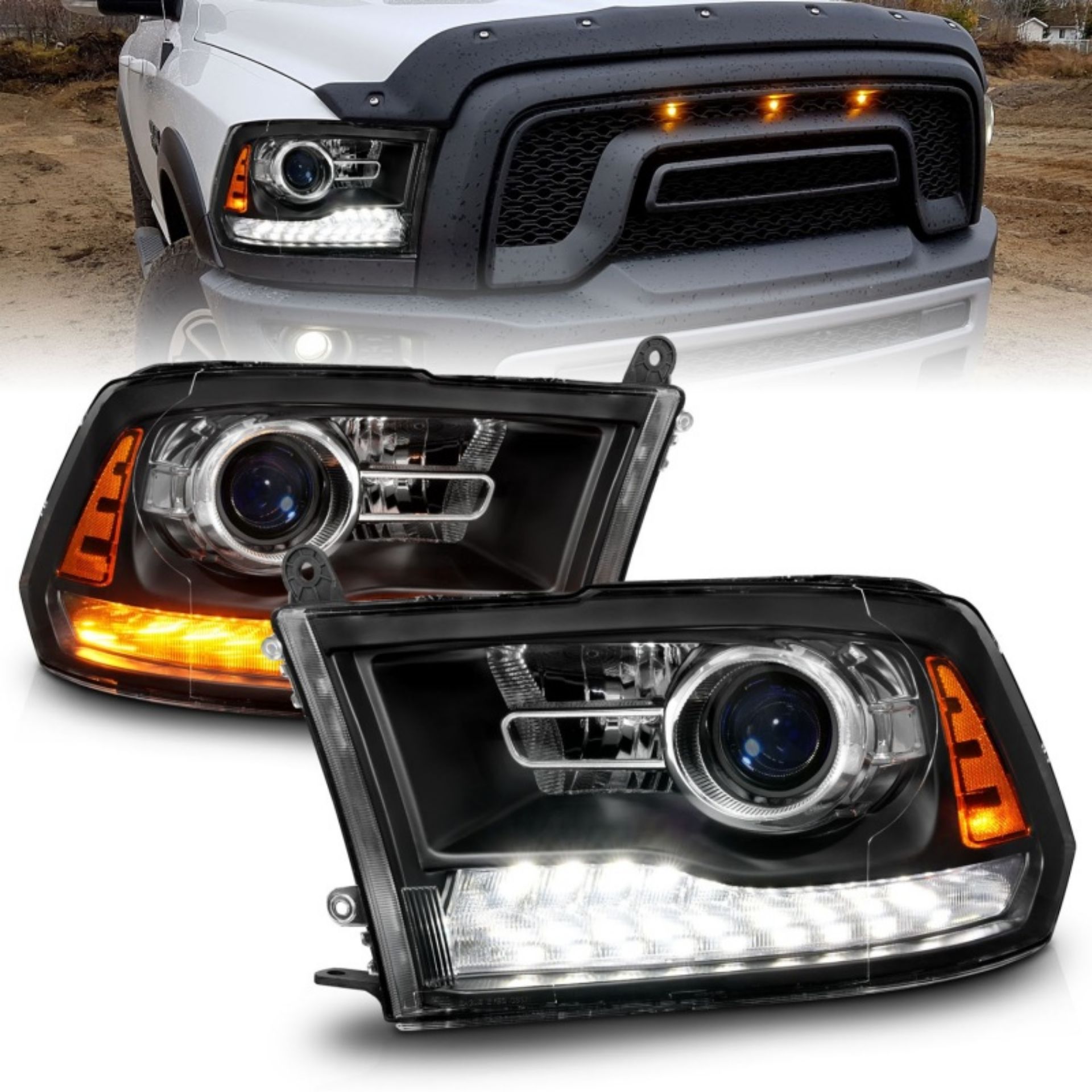 Picture of ANZO 09-18 Dodge Ram 1500-2500-3500 LED Plank Style Headlights Switchback + Sequential - Matte Black
