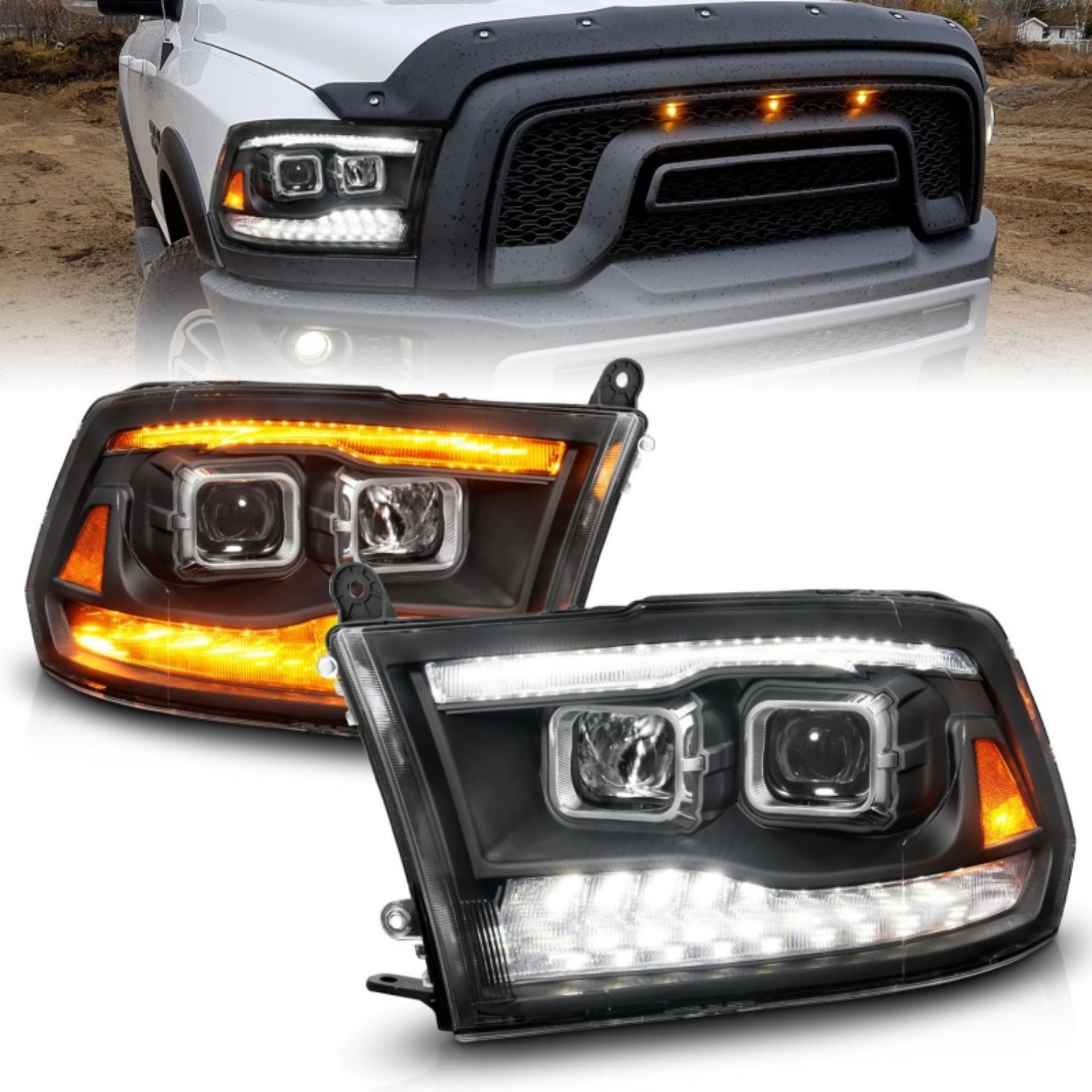 Picture of ANZO 09-18 Dodge Ram 1500-2500-3500 Proj HL Headlights Switchback + Sequential - Black Amber