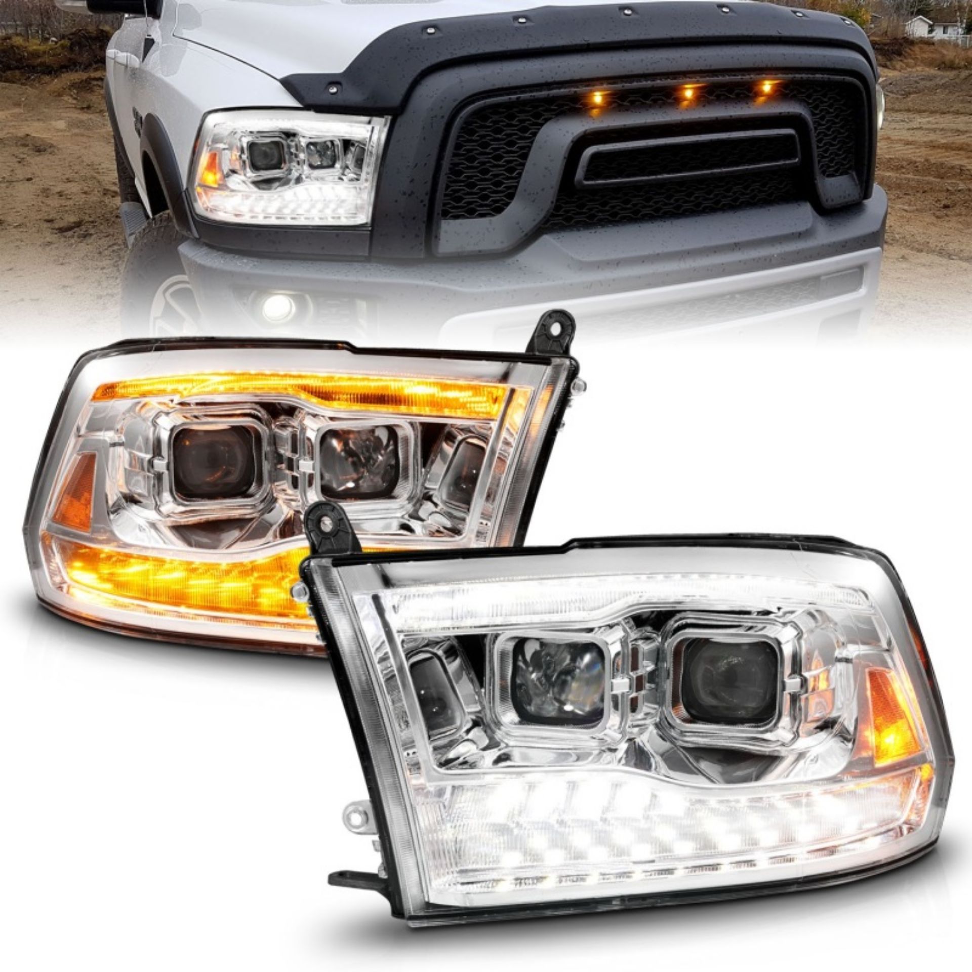 Picture of ANZO 09-18 Dodge Ram 1500-2500-3500 Proj HL Headlights Switchback + Sequential - Chrome Amber