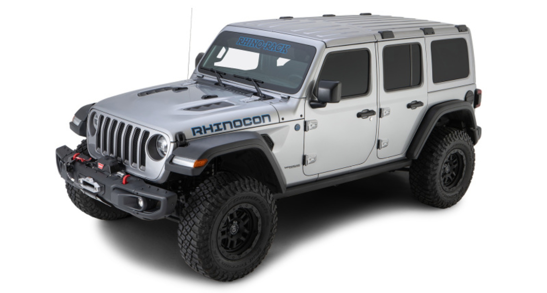 Picture of Rhino-Rack 18-21 Jeep Wrangler 4 Door SUV Heavy Duty RLT600 3 Bar Backbone Roof Rack - Silver