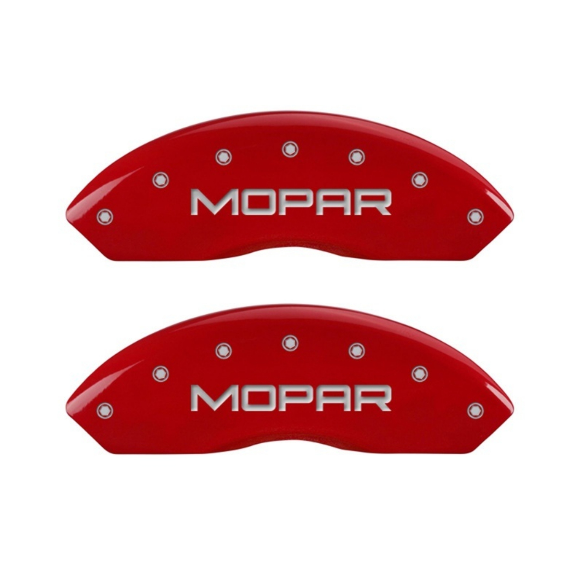 Picture of MGP Front set 2 Caliper Covers Engraved Front MOPAR Red finish silver ch