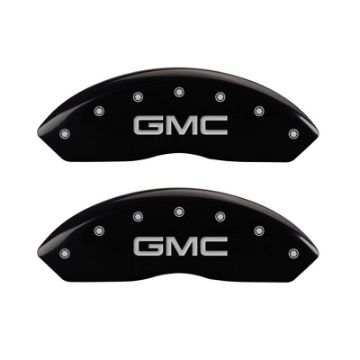Picture of MGP Front set 2 Caliper Covers Engraved Front GMC Black finish silver ch