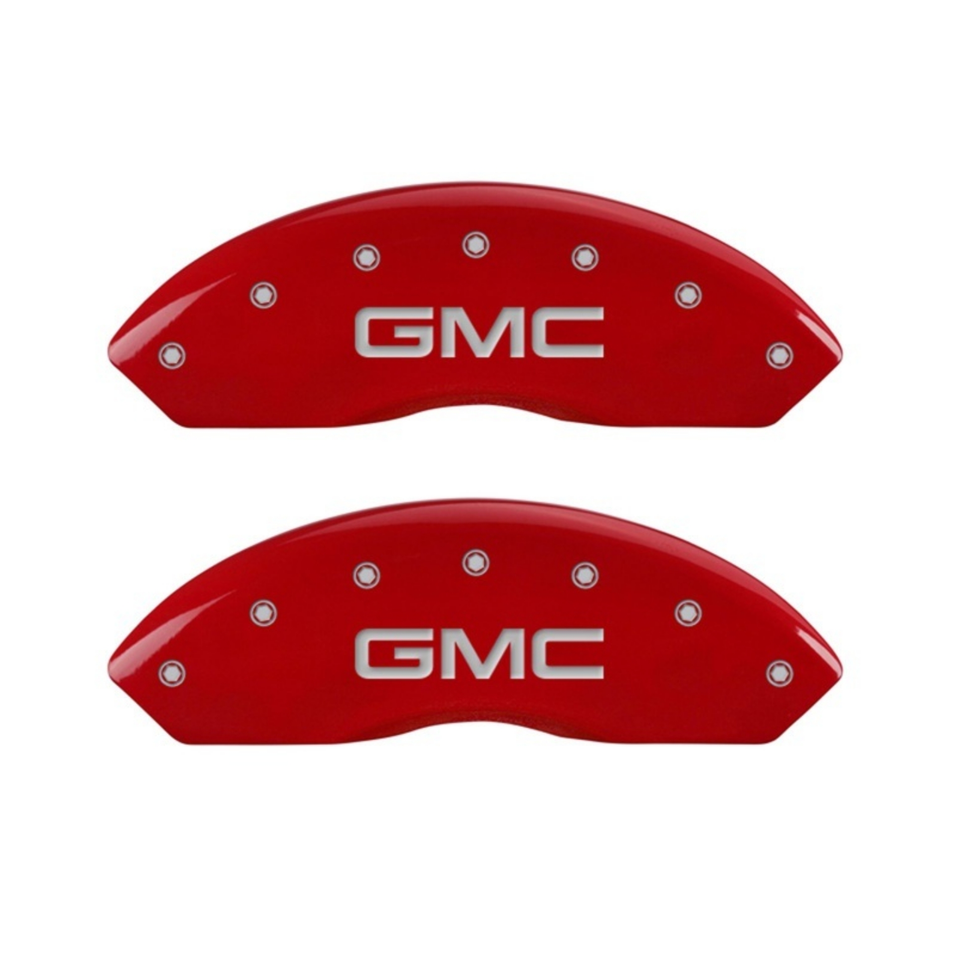 Picture of MGP Front set 2 Caliper Covers Engraved Front GMC Red finish silver ch