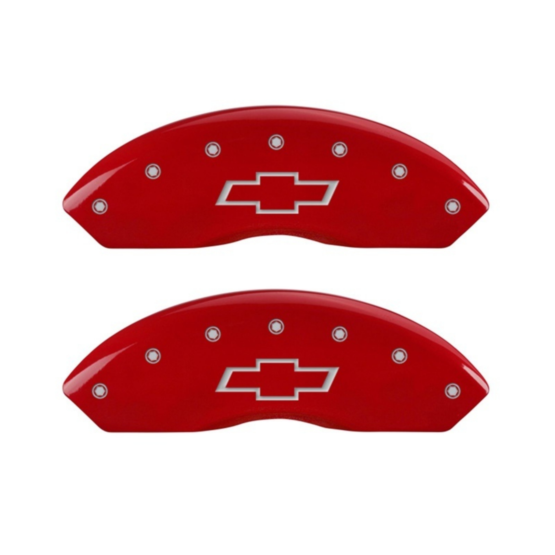 Picture of MGP Front set 2 Caliper Covers Engraved Front Bowtie Red finish silver ch