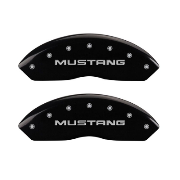 Picture of MGP 4 Caliper Covers Engraved Front Mustang Engraved Rear Pony Black finish silver ch