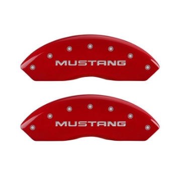 Picture of MGP 4 Caliper Covers Engraved Front Mustang Engraved Rear Pony Red finish silver ch