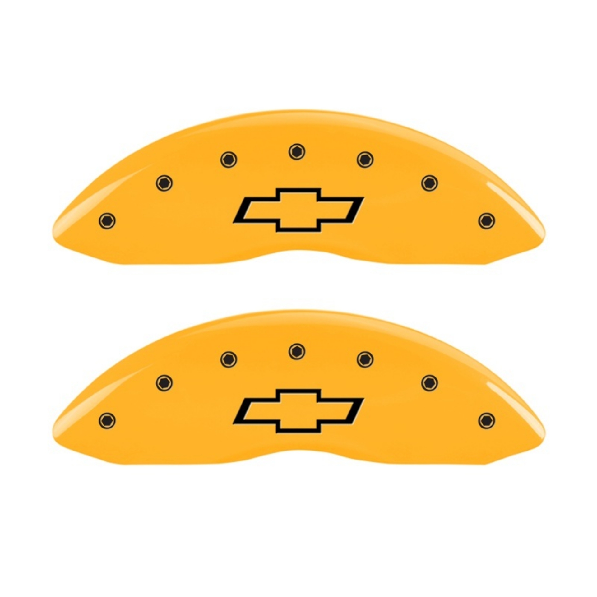 Picture of MGP Front set 2 Caliper Covers Engraved Front Bowtie Yellow finish black ch