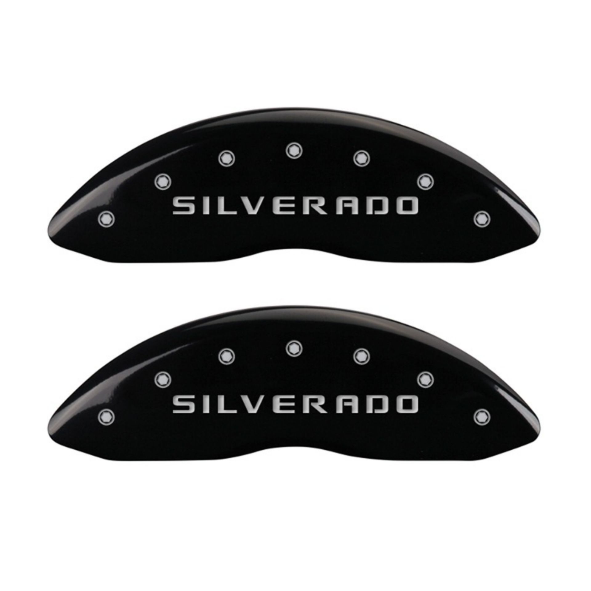 Picture of MGP Front set 2 Caliper Covers Engraved Front Silverado Black finish silver ch