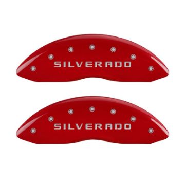 Picture of MGP Front set 2 Caliper Covers Engraved Front Silverado Red finish silver ch