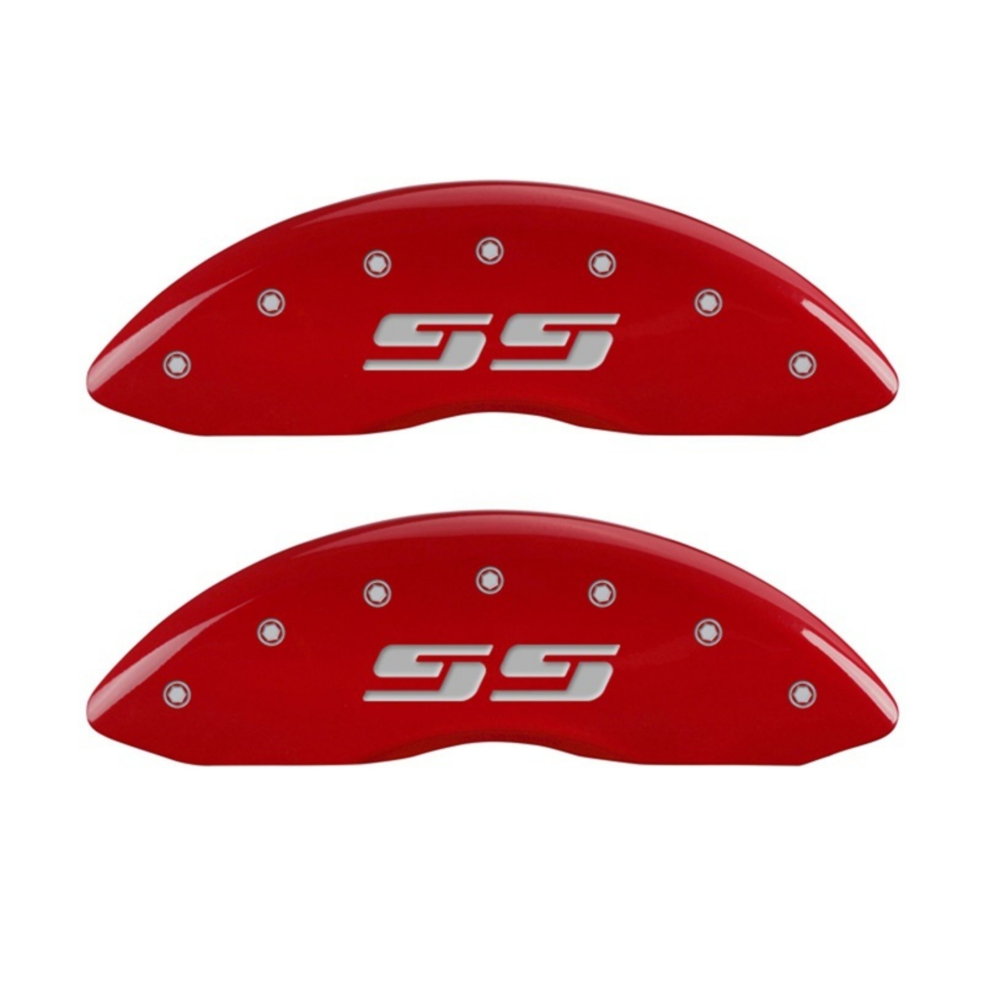 Picture of MGP Front set 2 Caliper Covers Engraved Front Silverado style-SS Red finish silver ch