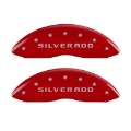 Picture of MGP Front set 2 Caliper Covers Engraved Front Silverado Red finish silver ch