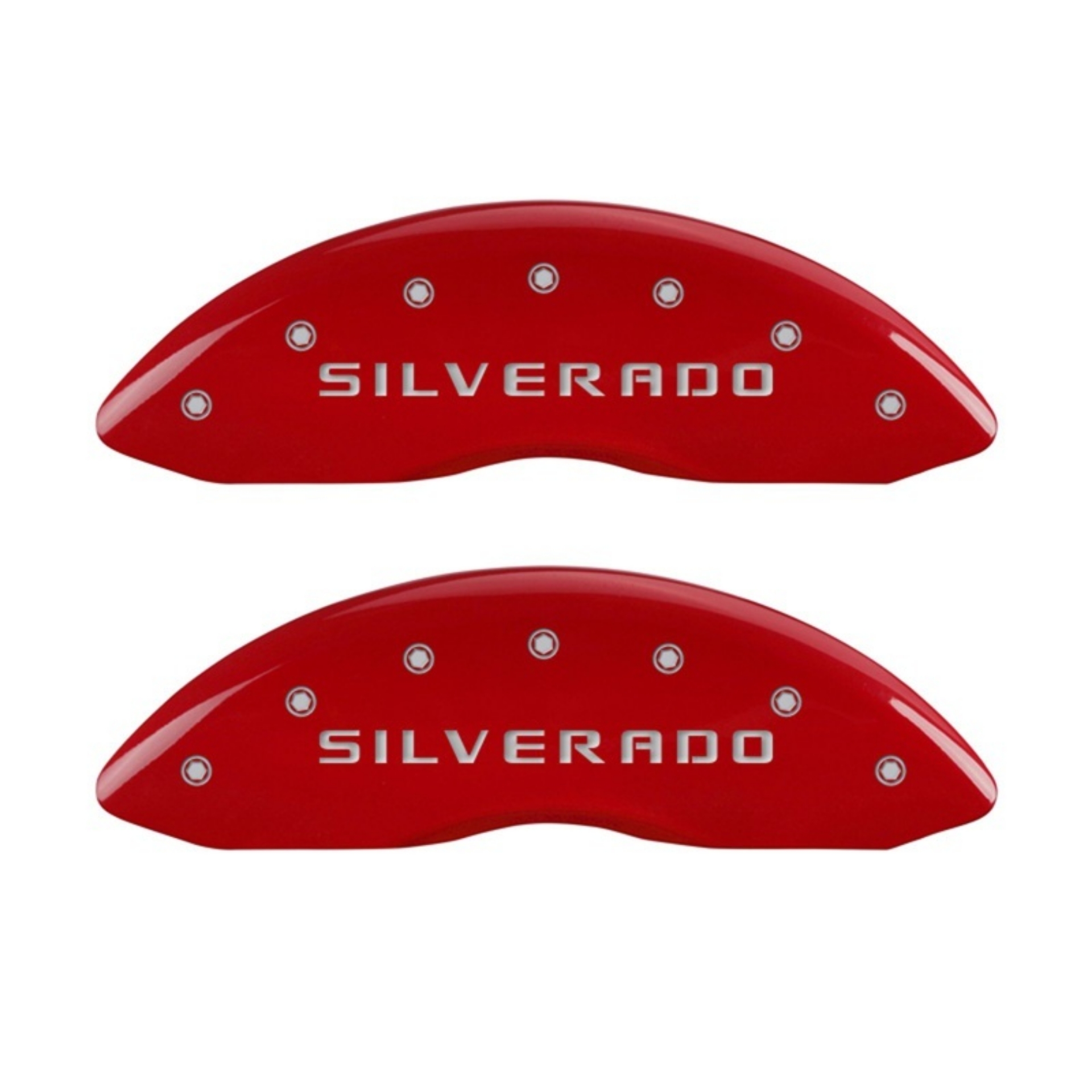 Picture of MGP Front set 2 Caliper Covers Engraved Front Silverado Red finish silver ch