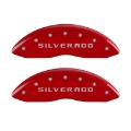 Picture of MGP Front set 2 Caliper Covers Engraved Front Silverado Red finish silver ch