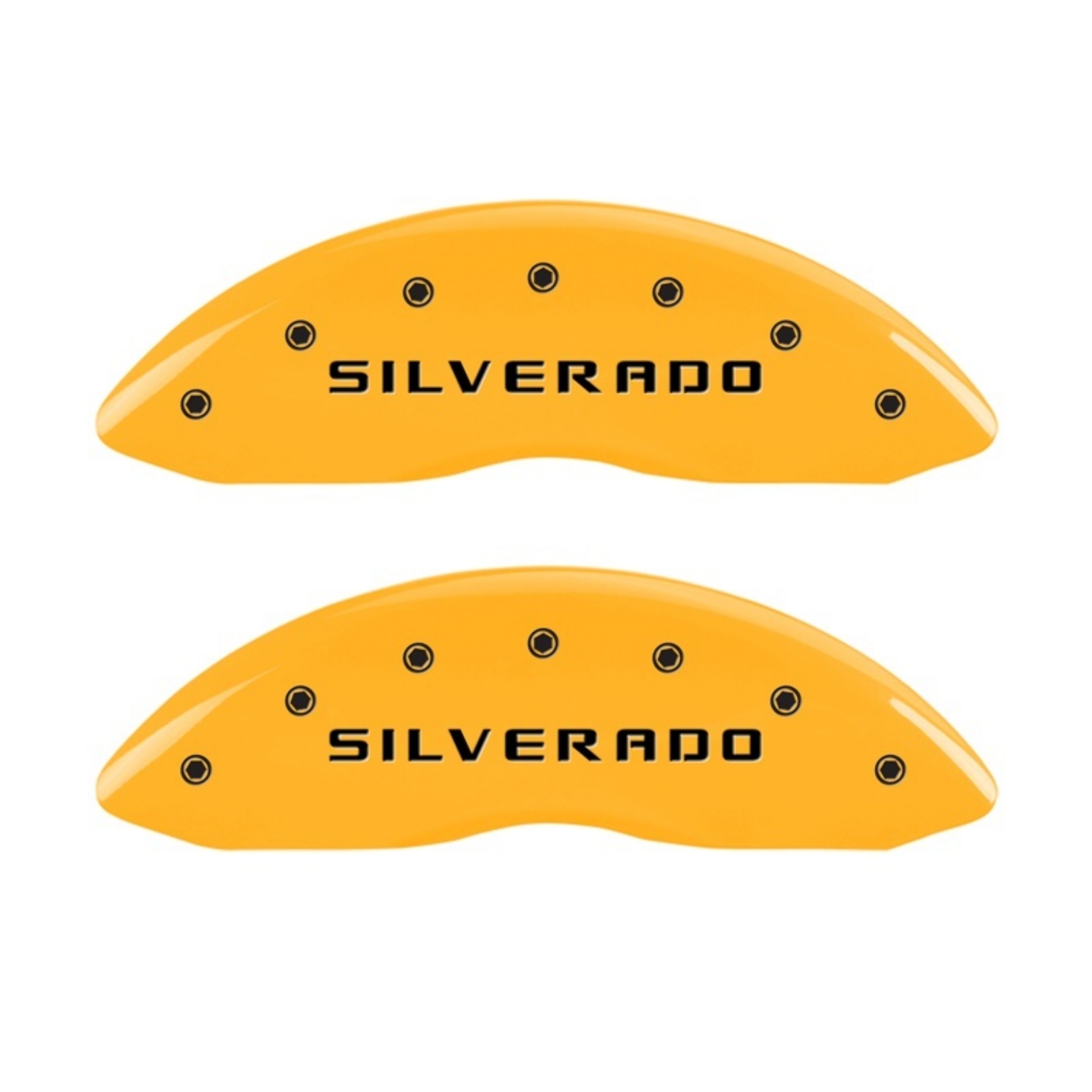 Picture of MGP Front set 2 Caliper Covers Engraved Front Silverado Yellow finish black ch