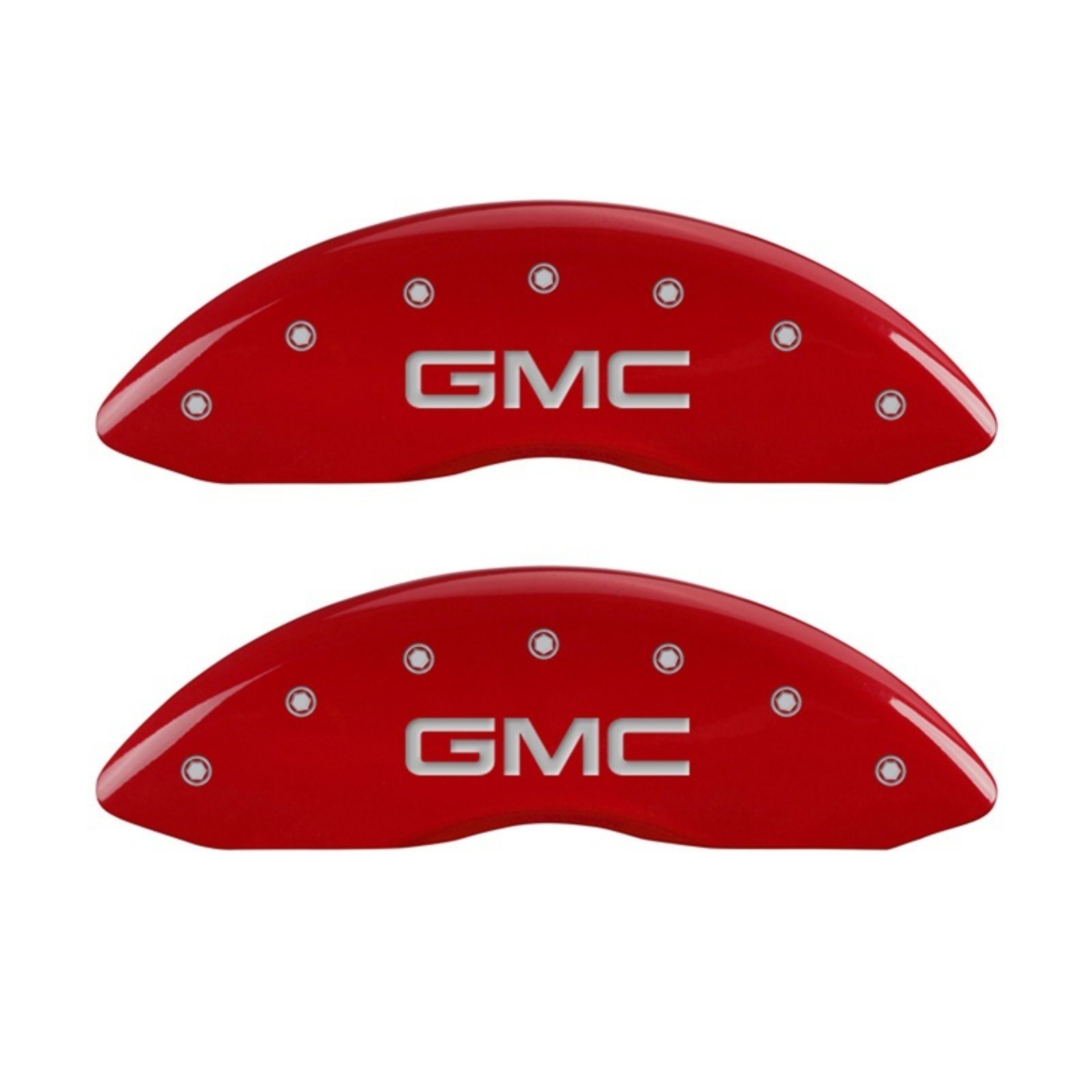 Picture of MGP Front set 2 Caliper Covers Engraved Front GMC Red finish silver ch