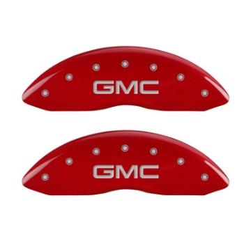 Picture of MGP Front set 2 Caliper Covers Engraved Front GMC Red finish silver ch