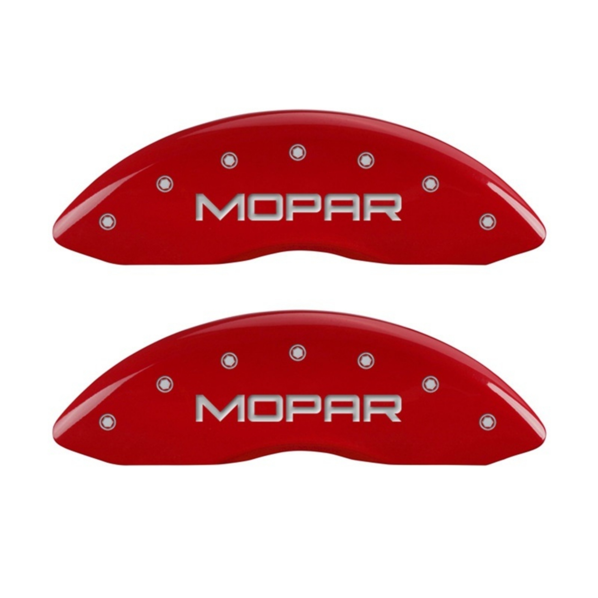 Picture of MGP Front set 2 Caliper Covers Engraved Front MOPAR Red finish silver ch