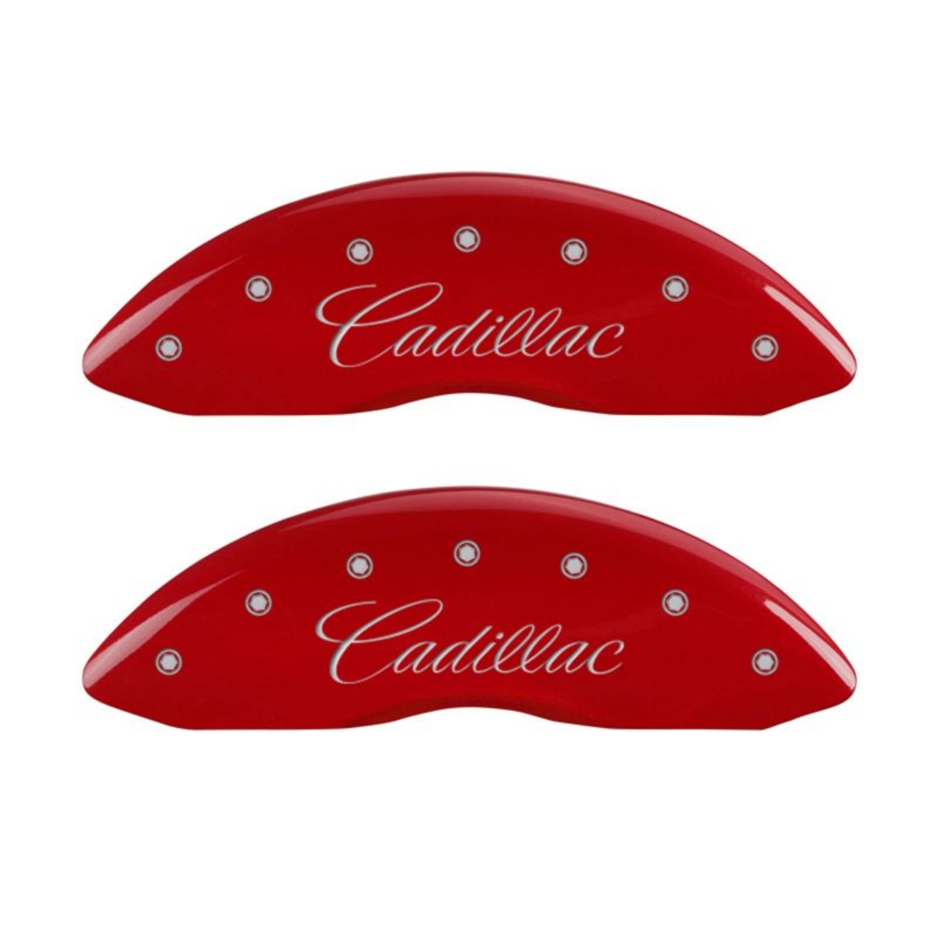 Picture of MGP 4 Caliper Covers Engraved Front Cursive-Cadillac Engraved Rear SRX Red finish silver ch