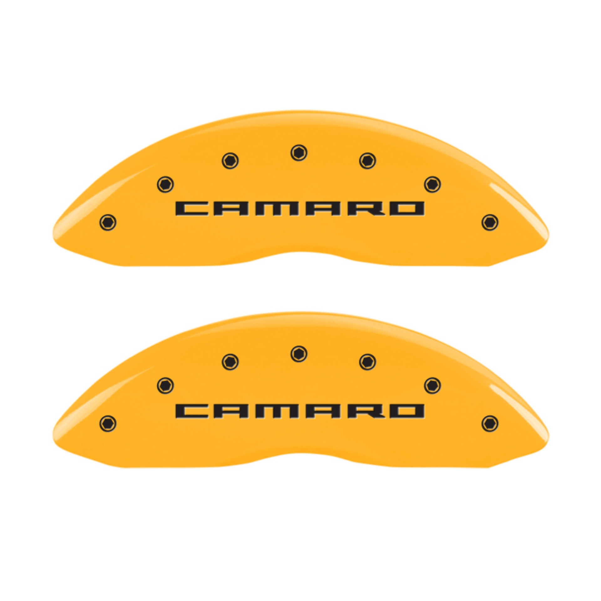 Picture of MGP 4 Caliper Covers Engraved Front Gen 5-Camaro Engraved Rear Gen 5-SS Yellow finish black ch