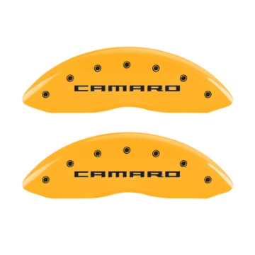 Picture of MGP 4 Caliper Covers Engraved Front Gen 5-Camaro Engraved Rear Gen 5-SS Yellow finish black ch