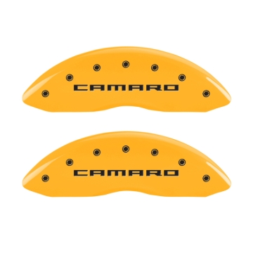 Picture of MGP 4 Caliper Covers Engraved Front Gen 5-Camaro Engraved Rear Gen 5-Z28 Yellow finish black ch