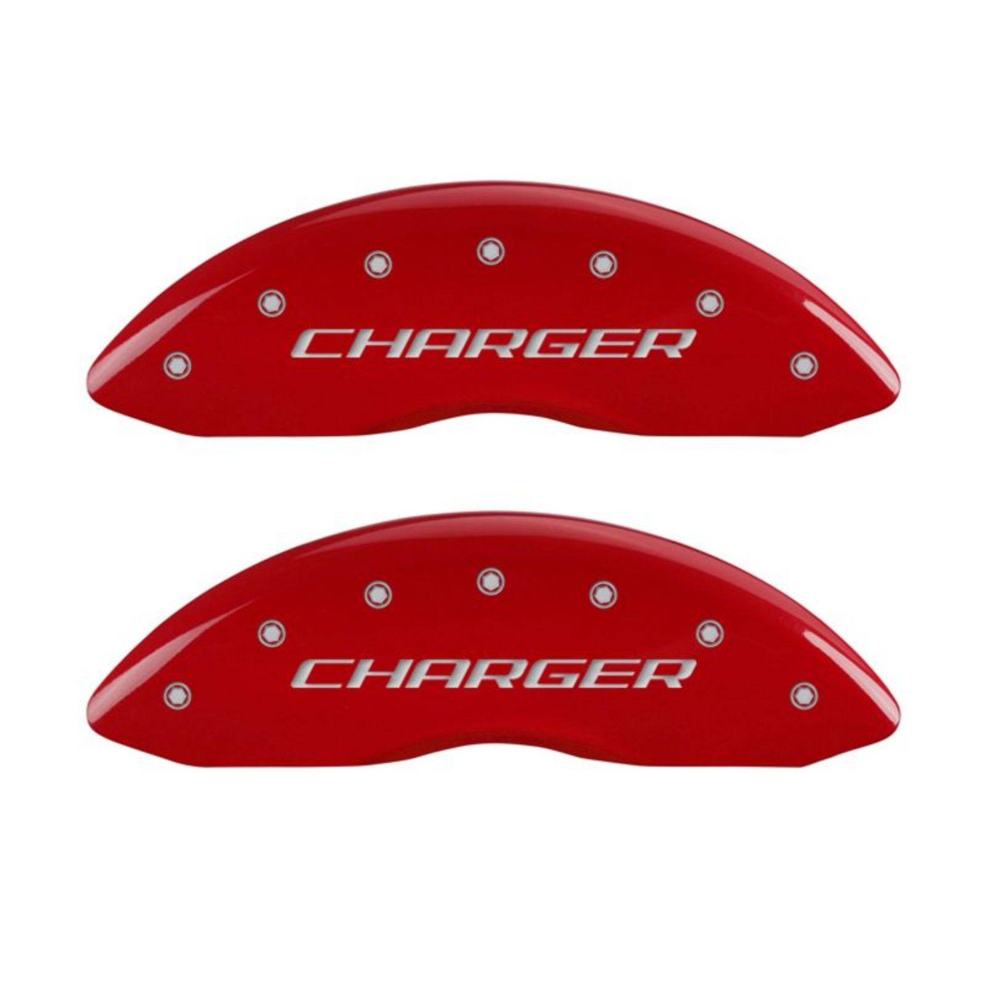 Picture of MGP 4 Caliper Covers Engraved Front & Rear Block-Charger Red finish silver ch