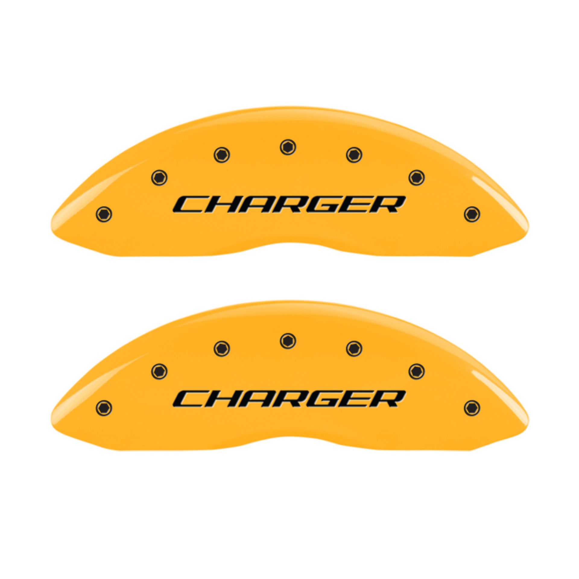 Picture of MGP 4 Caliper Covers Engraved Front & Rear Block-Charger Yellow finish black ch