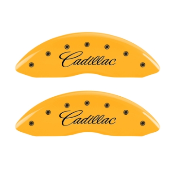 Picture of MGP 4 Caliper Covers Engraved Front Cursive-Cadillac Engraved Rear SRX Yellow finish black ch