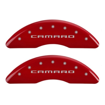 Picture of MGP 4 Caliper Covers Engraved Front Gen 5-Camaro Engraved Rear Gen 5-SS Red finish silver ch