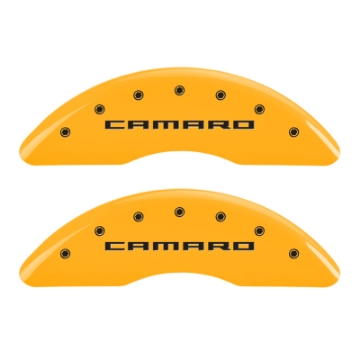 Picture of MGP 4 Caliper Covers Engraved Front Gen 5-Camaro Engraved Rear Gen 5-SS Yellow finish black ch