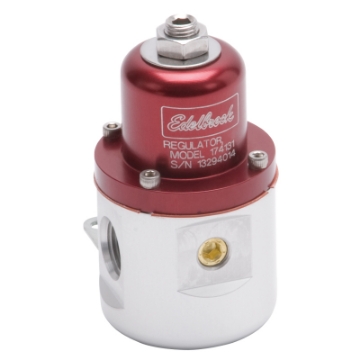 Picture of Edelbrock Fuel Pressure Regulator Carbureted 160 GPH 5-10 PSI 3-8In In-Out 3-8In Return Red-Clear
