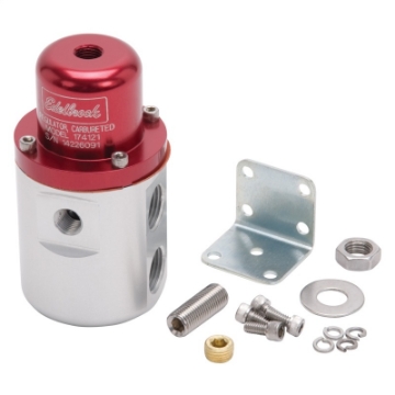 Picture of Edelbrock Fuel Pressure Regulator Carbureted 160 GPH 5-10 PSI 3-8In In-Out Retunless Red-Clear