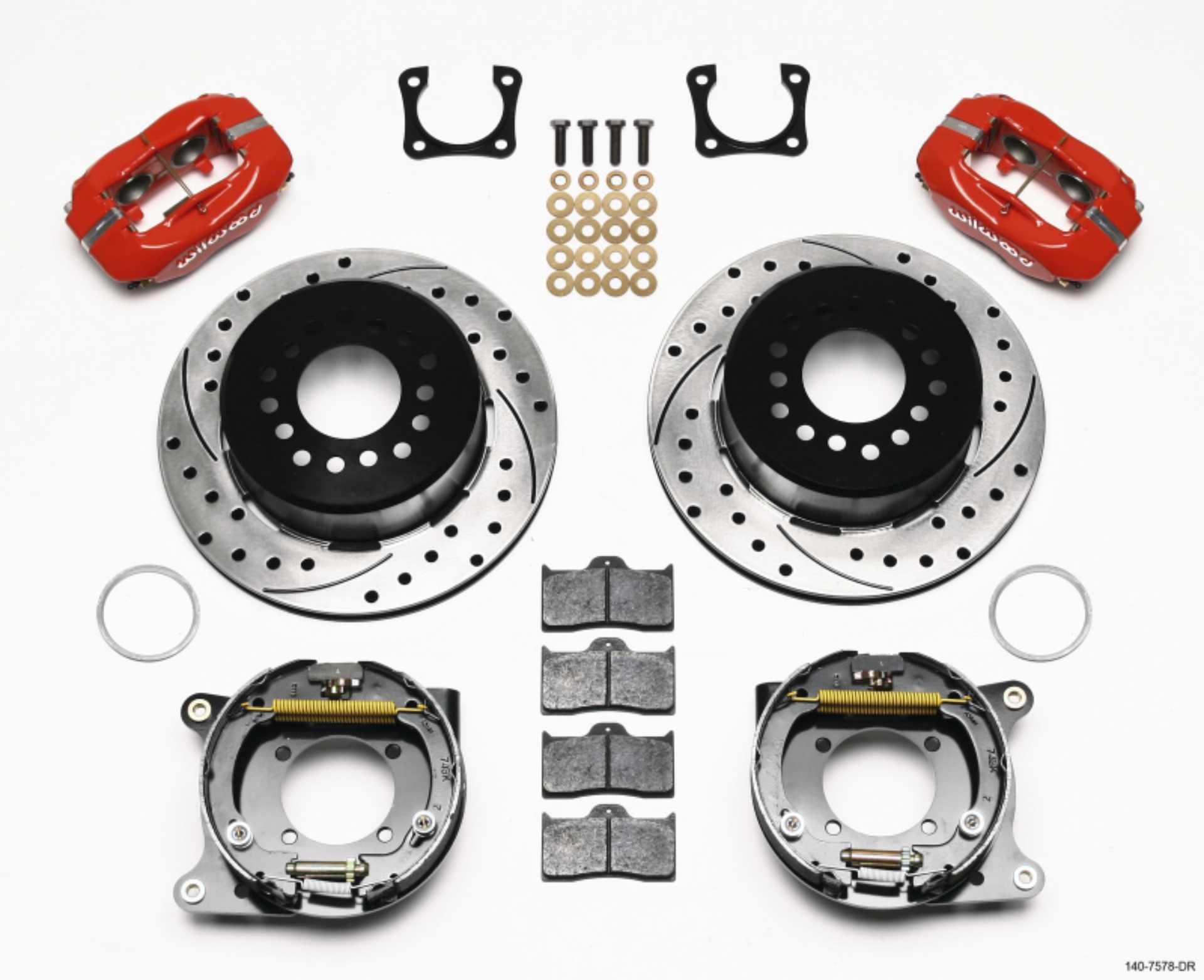 Picture of Wilwood Forged Dynalite P-S Park Brake Kit Drilled Red Chevy 12 Bolt-Spec 3-15in Brng