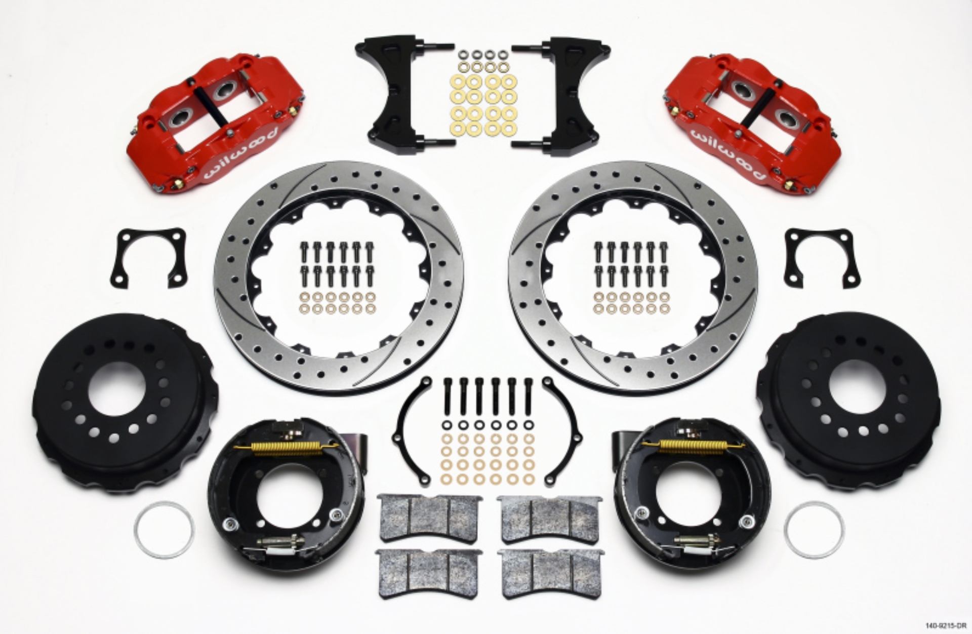 Picture of Wilwood Narrow Superlite 4R Rear P-Brk Kit 12-88in Drilled Red Chevy 12 Bolt-Spec 3-15in Brng