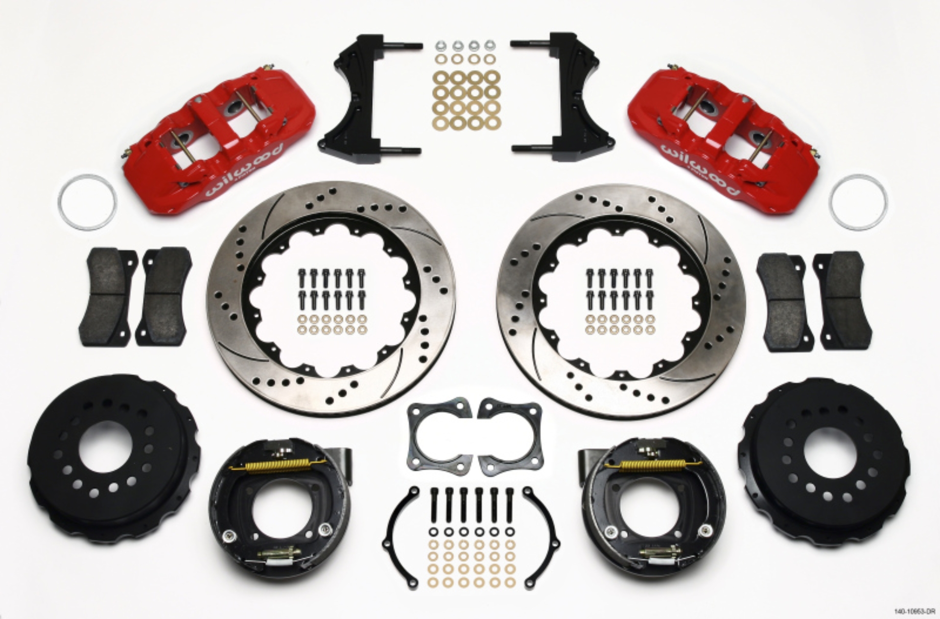 Picture of Wilwood AERO4 Rear P-Brake Kit 14-00in Drill Red 58-64 Olds-Pontiac Ends 2-81in Offset