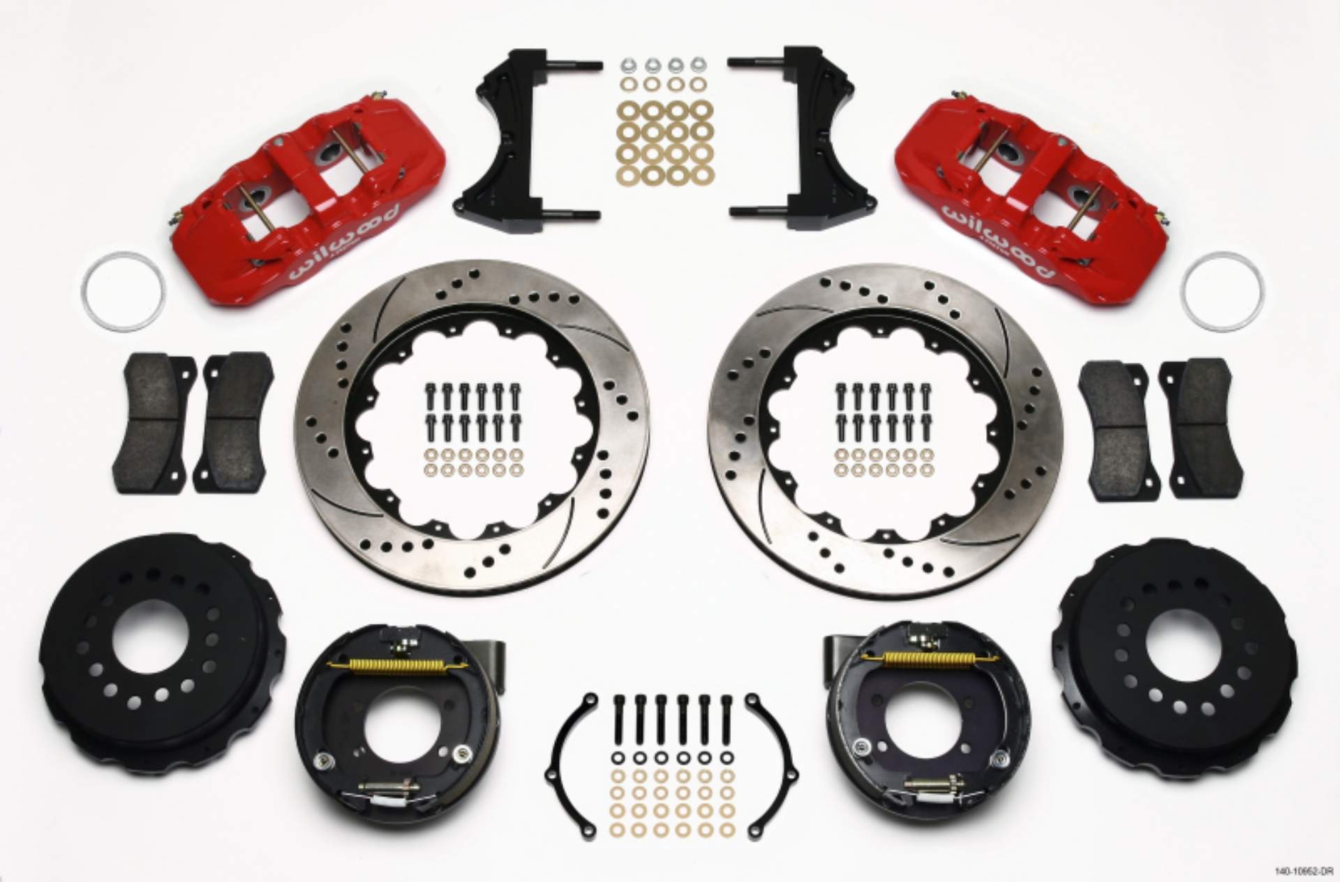 Picture of Wilwood AERO4 Rear P-Brake Kit 14-00in Drill Red Ford 8-8 w-2-5in Offset-5 Lug
