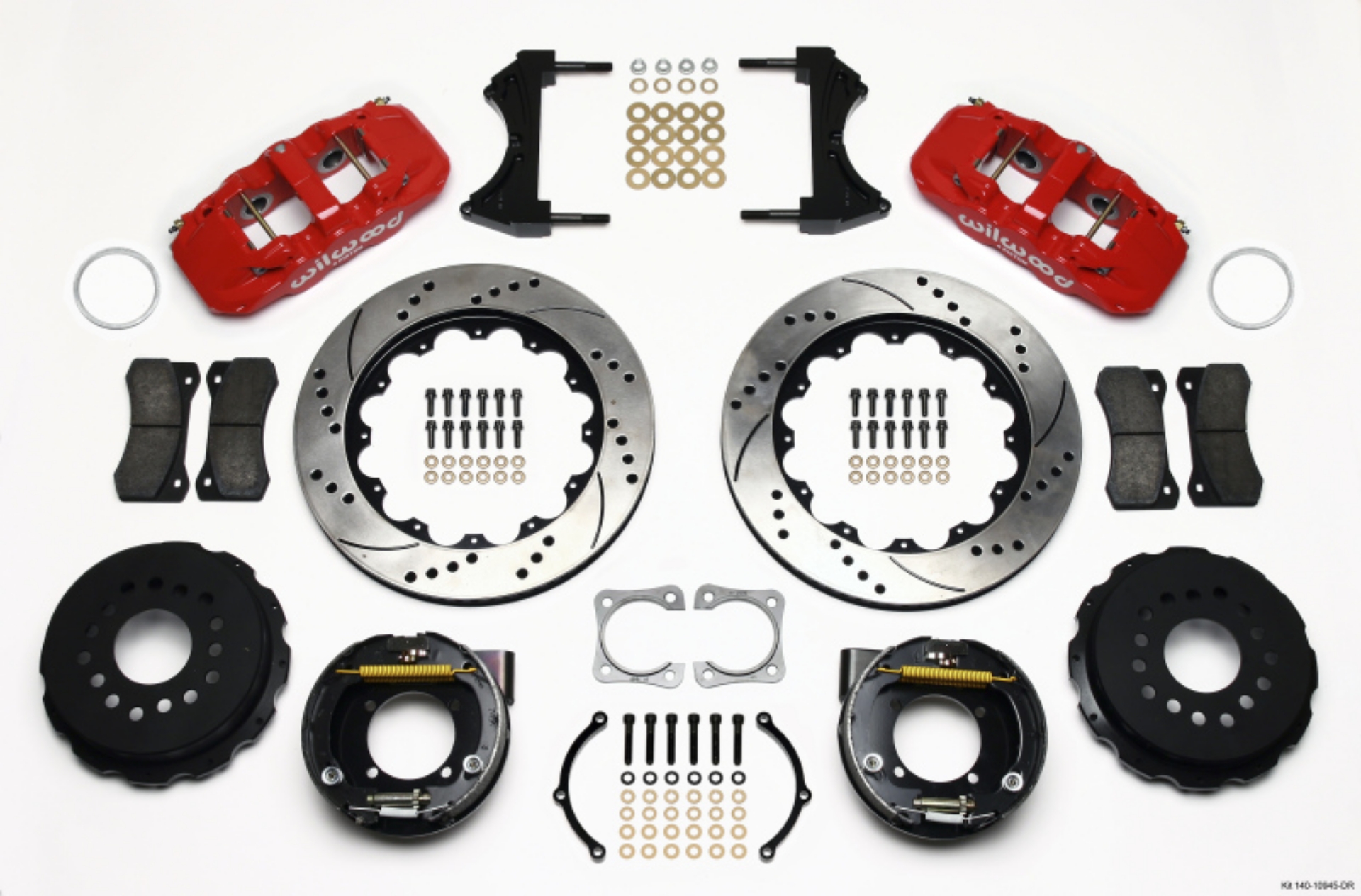Picture of Wilwood AERO4 Rear P-Brake Kit 14-00in Drilled Red Chevy 12 Bolt-Spec 3-15in Brng