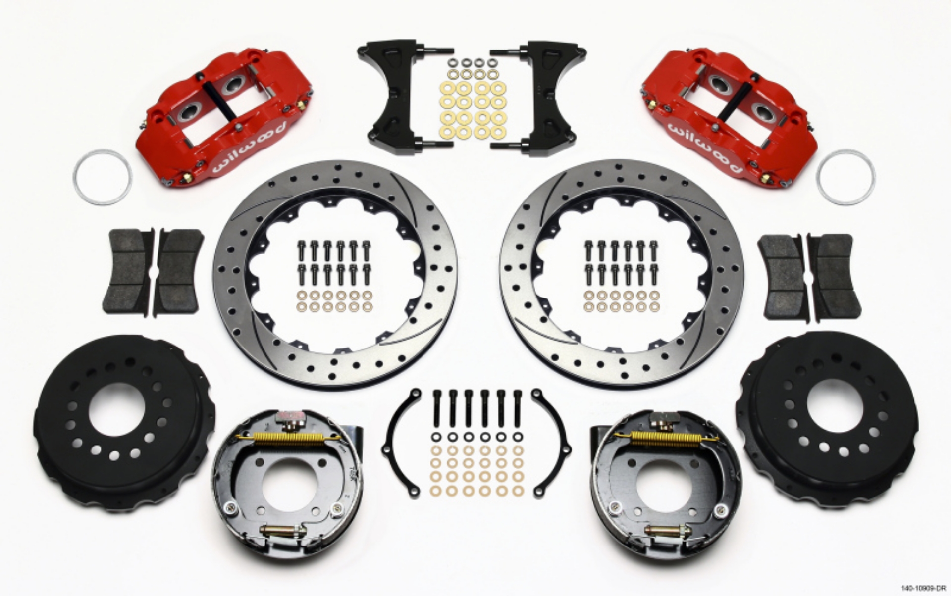 Picture of Wilwood Narrow Superlite 4R Rear P-Brk Kit 12-88in Drilled Red Chevy 12 Bolt-Spec 3-15in Brng Front