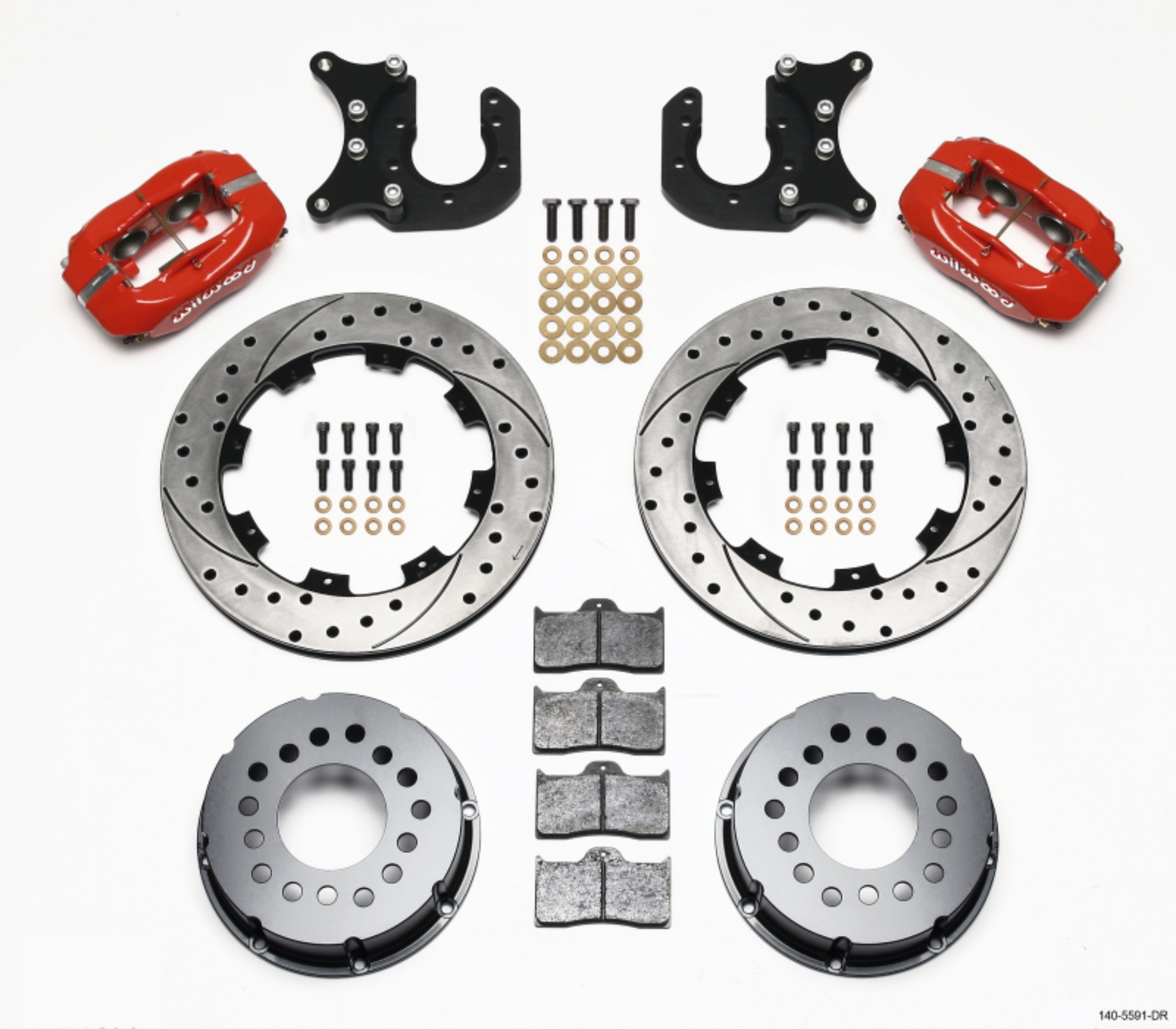 Picture of Wilwood Forged Dynalite P-S Rear Kit Drilled Red Mopar-Dana 2-36in Off w-Snap Ring Brng