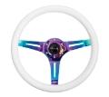 Picture of NRG Classic Wood Grain Steering Wheel 350mm Glow-N-The-Dark Green Grip w-Neochrome 3-Spoke Center