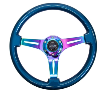 Picture of NRG Classic Wood Grain Steering Wheel 350mm Blue Pearl-Flake Paint w-Neochrome 3-Spoke Center