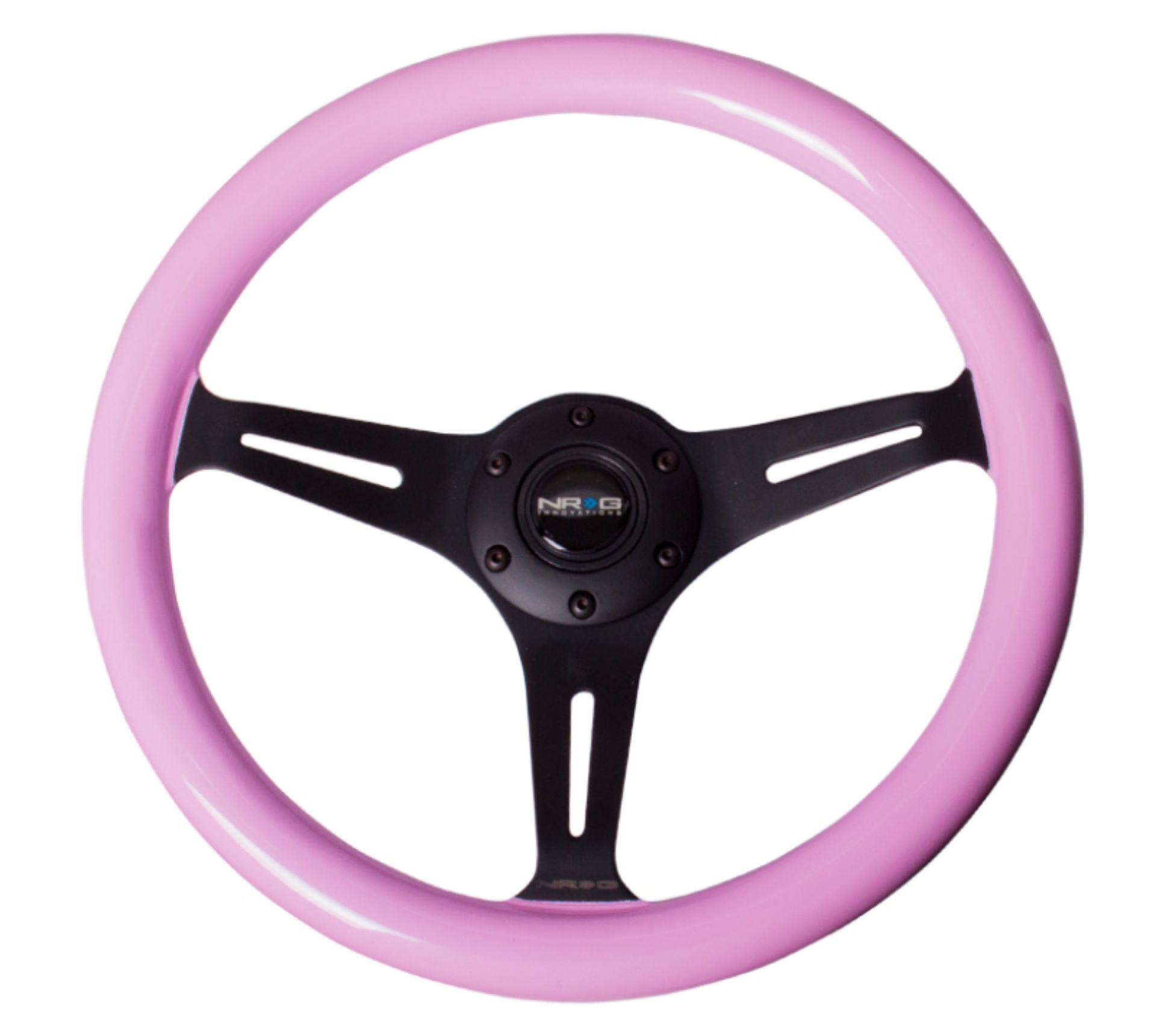 Picture of NRG Classic Wood Grain Steering Wheel 350mm Solid Pink Painted Grip w-Black 3-Spoke Center