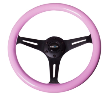 Picture of NRG Classic Wood Grain Steering Wheel 350mm Solid Pink Painted Grip w-Black 3-Spoke Center