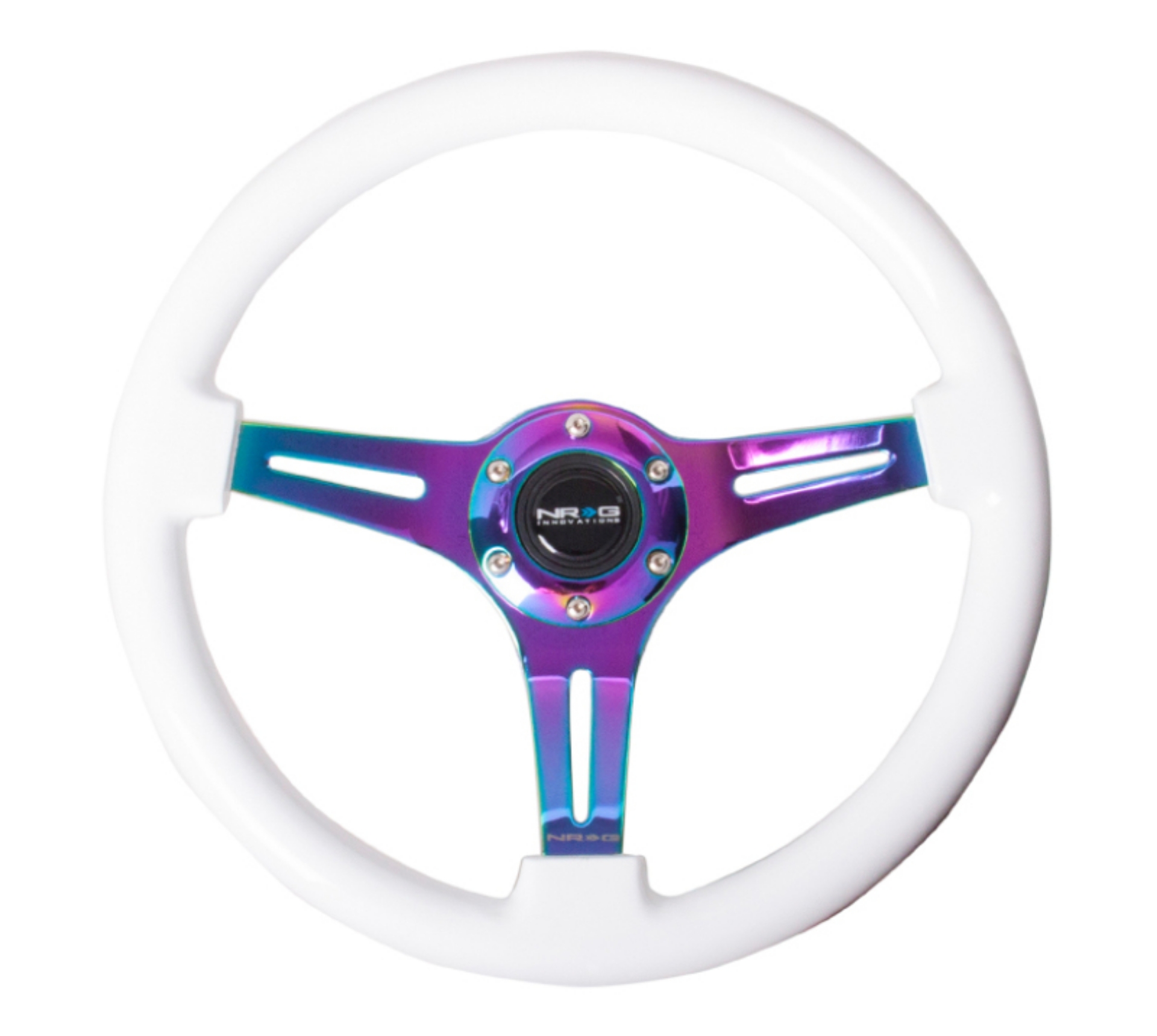 Picture of NRG Classic Wood Grain Steering Wheel 350mm White Paint Grip w-Neochrome 3-Spoke Center