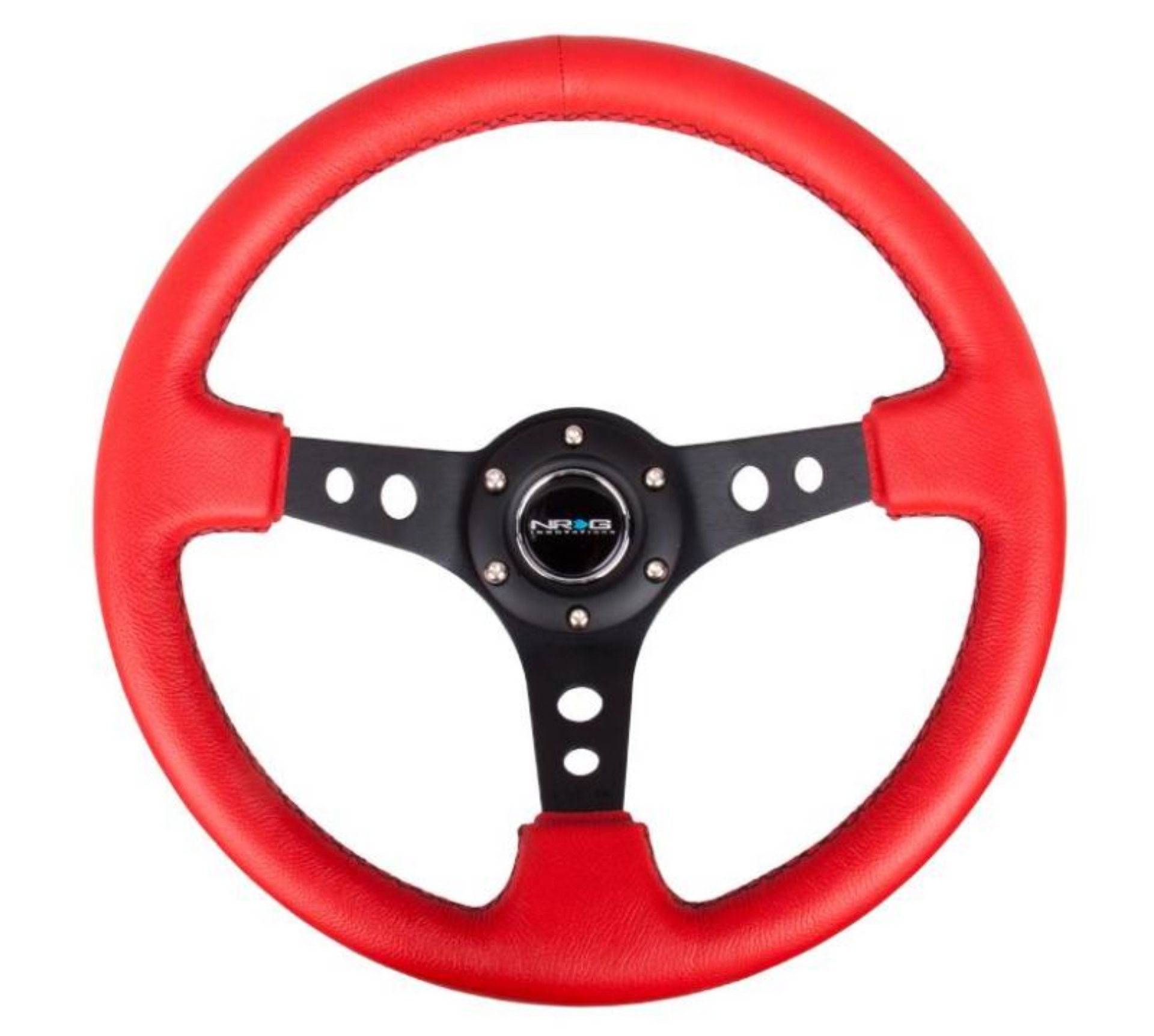 Picture of NRG Reinforced Steering Wheel 350mm - 3in- Deep Red Leather-Blk Stitch w-Blk Spokes Hole Cutouts